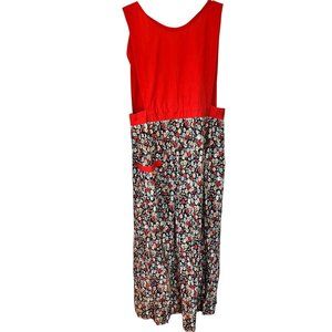 Vintage Womens Tie Apron Handmade Red Top Blue Floral Skirt Wrap Around Bow Long